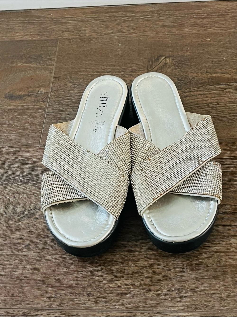 Stuart Weitzman Crystal Cross-Band Slide Sandals in Champagne